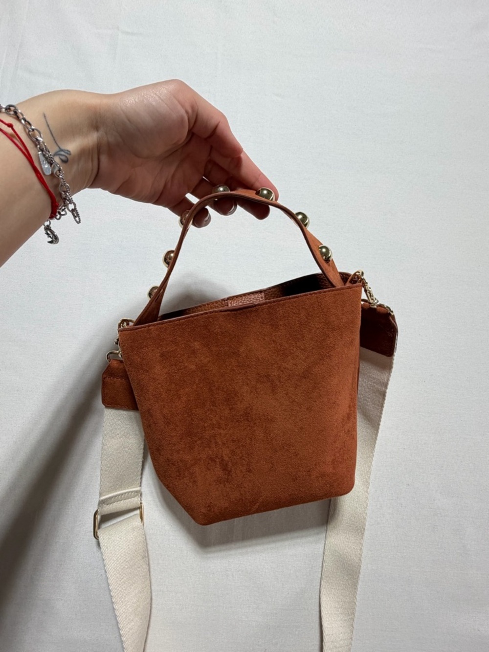 Women’s Cognac Brown Faux Suede Bucket Bag Studded Top Handle Crossbody Handbag